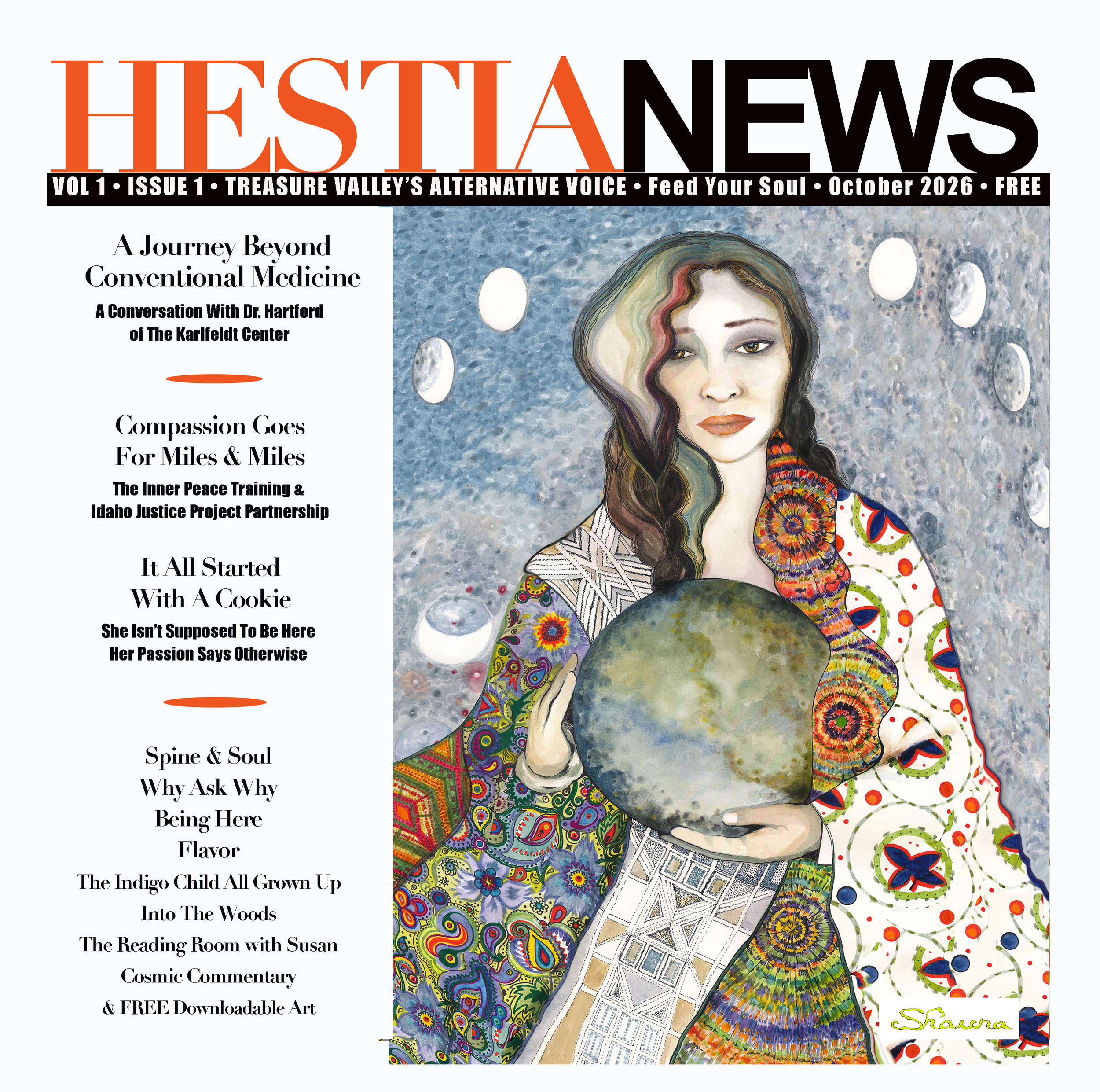 Cover of HESTIA NEWS magazine, October 2026, featuring a painting that was on the cover of We'Moon 2023 astrological calendar in Portland, Oregon.