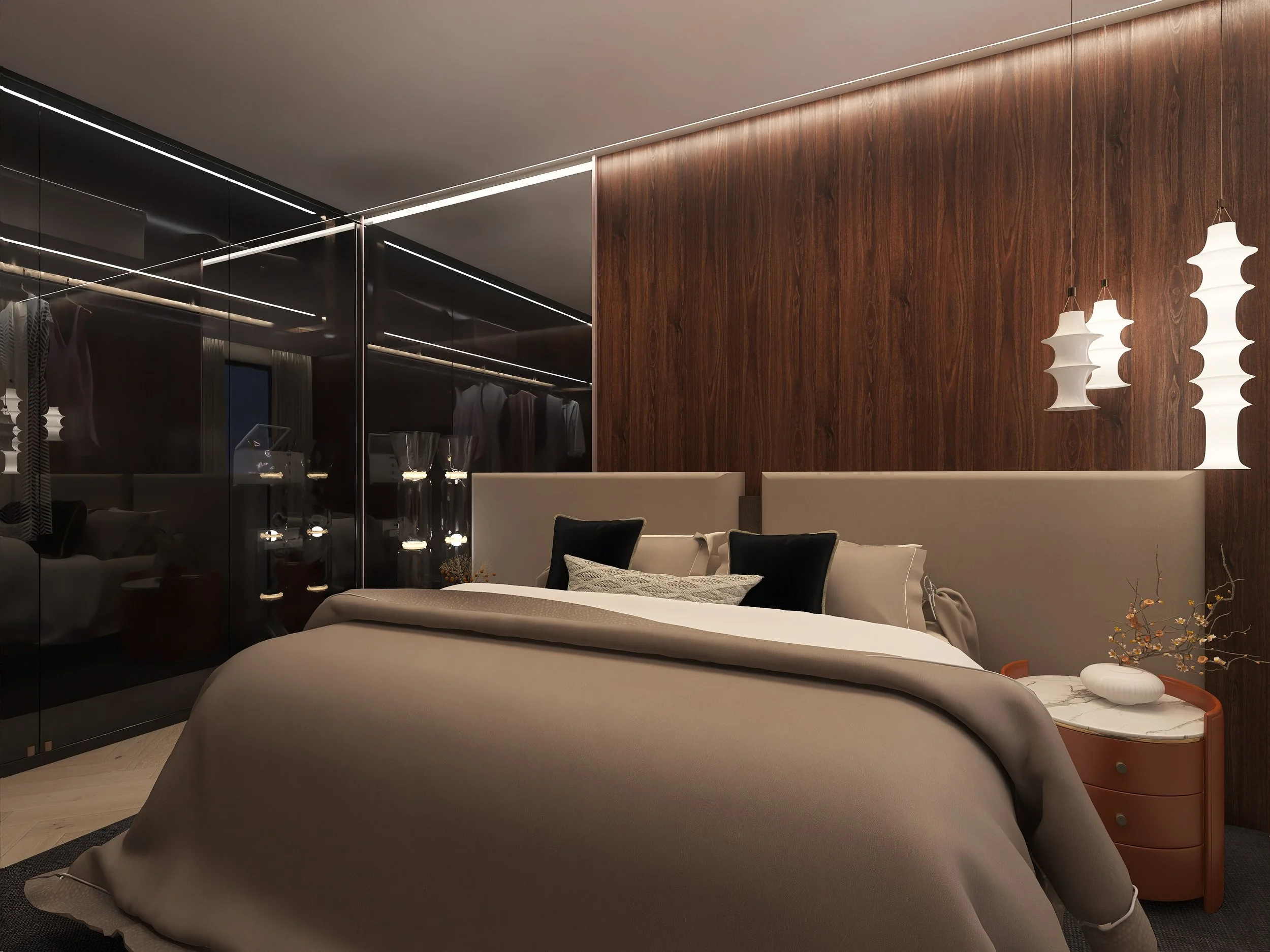 Ein modernes Schlafzimmer mit einer beige Couch, einer Holzwand, weißen Hängelampen und einem Kleiderschrank mit Glasfronten.