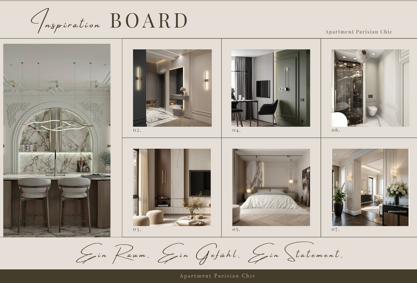 Ein Inspirations-Board mit sieben Bildern von Innenarchitektur- und Wohnräumen im eleganten, modernen Stil. Überschrift "Inspiration BOARD" und Sätze "Ein Raum. Ein Gefühl. Ein Statement."