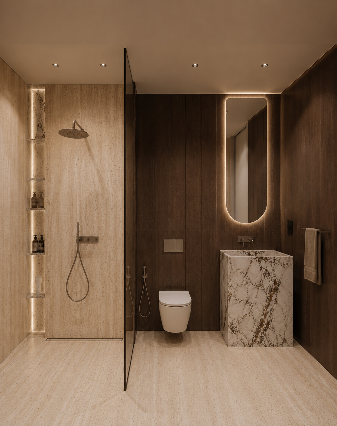 Modernes Badezimmer mit beigetönen und dunklen Holzpaneelen, begehbare Dusche, Wand-WC und Waschbecken aus Marmor, beleuchteter Spiegel.