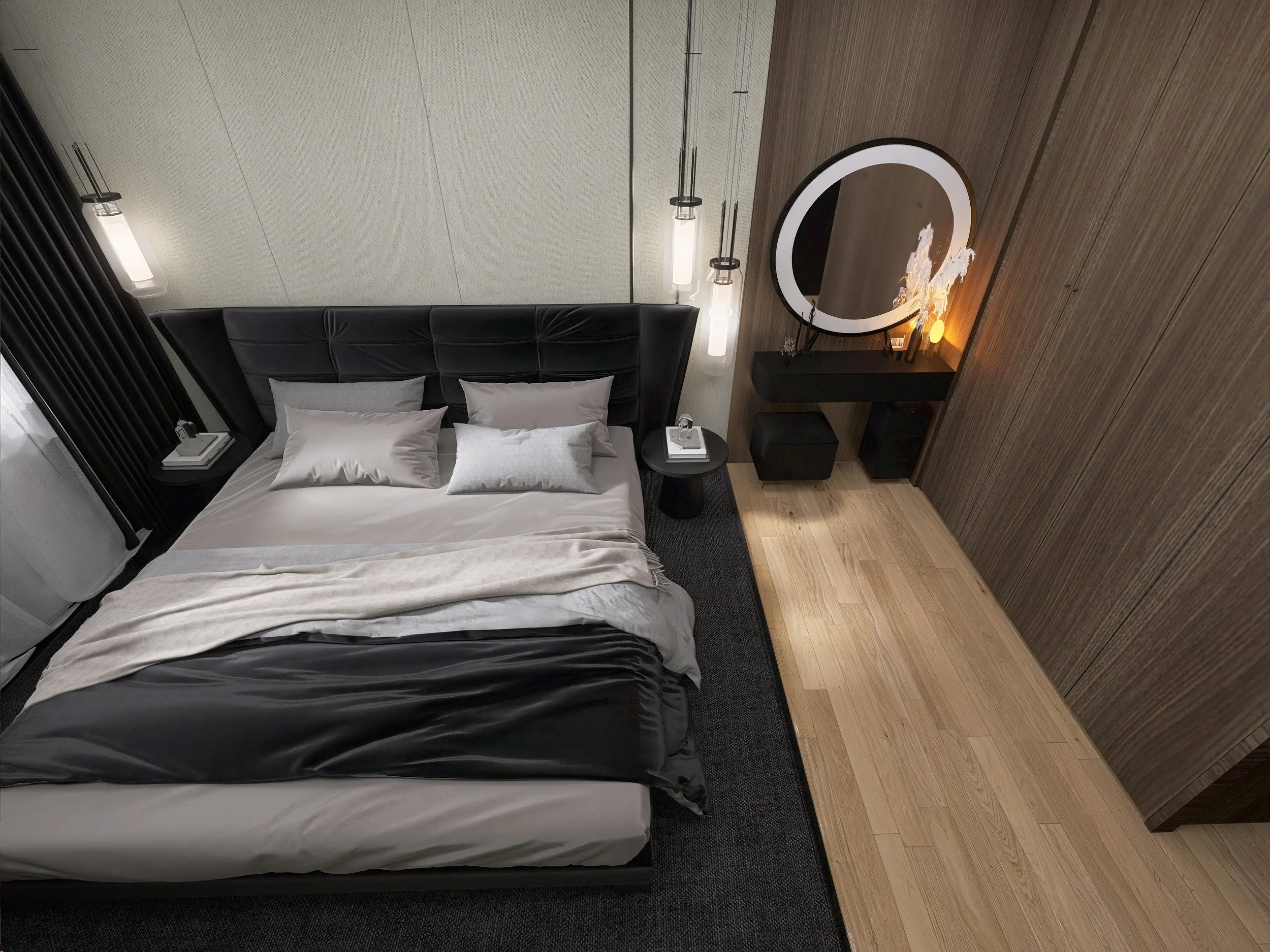 Ein modernes Schlafzimmer mit einem schwarzen Bettrahmen, weißen Bettwäsche und mehreren Kissen. Neben dem Bett ein runder Nachttisch mit Büchern und einer Uhr. An der Wand hängen elegante, tropfenförmige Lampen, und es gibt einen großen Spiegel über einer schwarzen Kommode. Die Wand ist in Kombination aus hellen und holzverkleideten Oberflächen gestaltet.