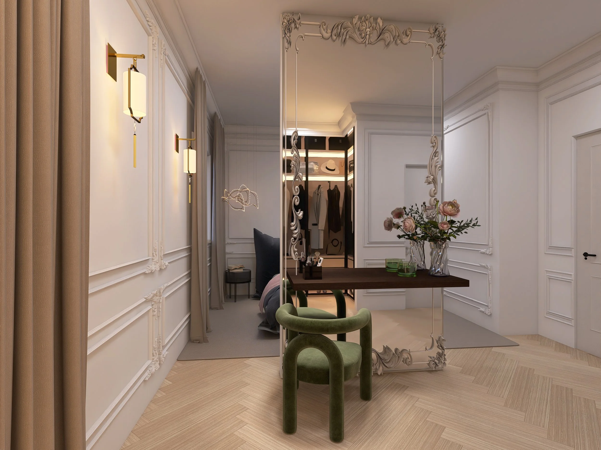 Ein eleganter Raum mit weißen Wandpanelen, goldenen Wandleuchten, einem großen Spiegel, einem Tisch mit Blumen und grünen Stühlen, einem Kleiderschrank im Hintergrund.