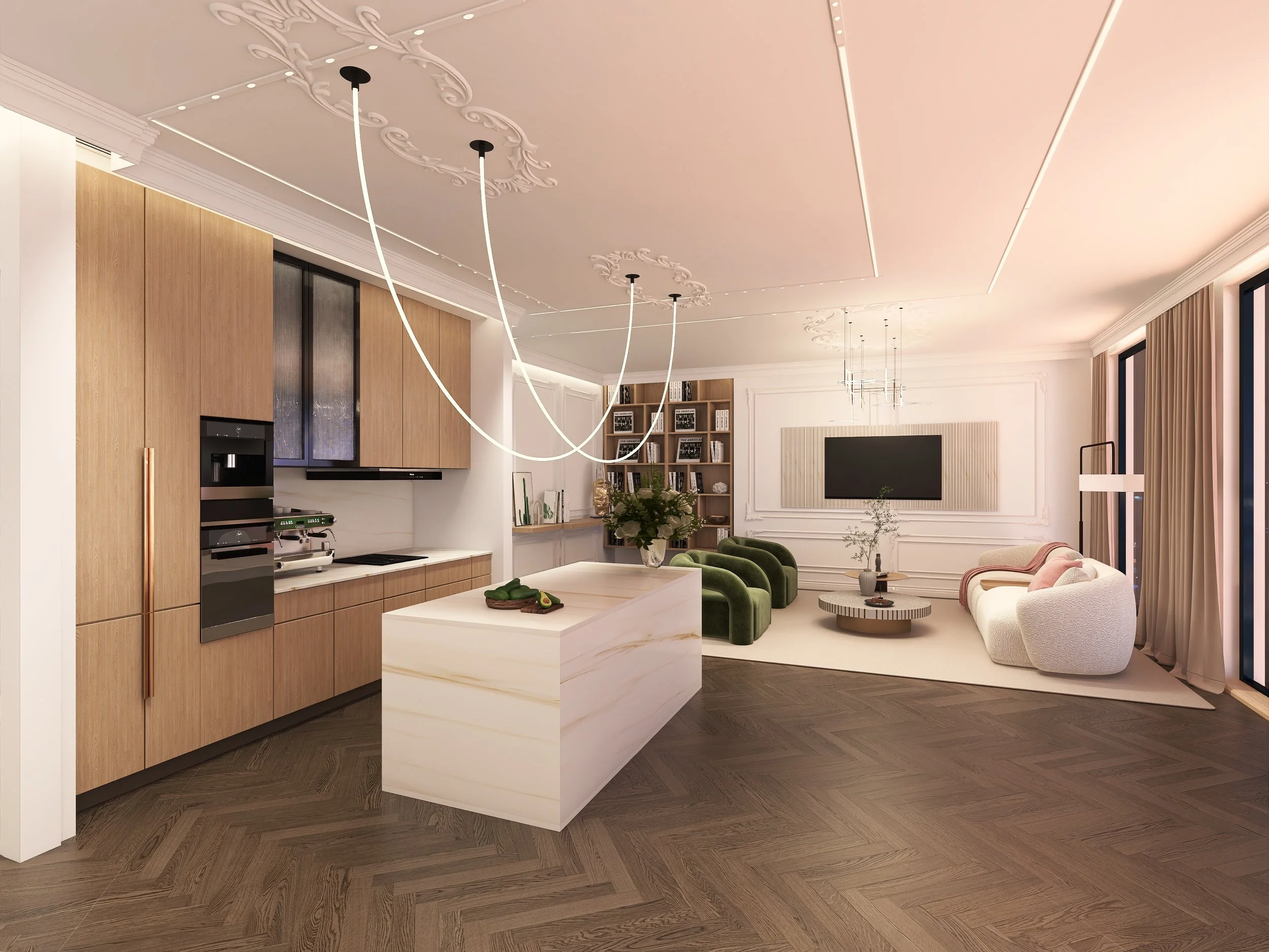 Ein modernes Wohnzimmer mit weißem Sofa, grünen Sesseln, einem großen Fernseher, einem Bücherregal, einer Deckenleuchte und großen Fenstern mit Vorhängen.