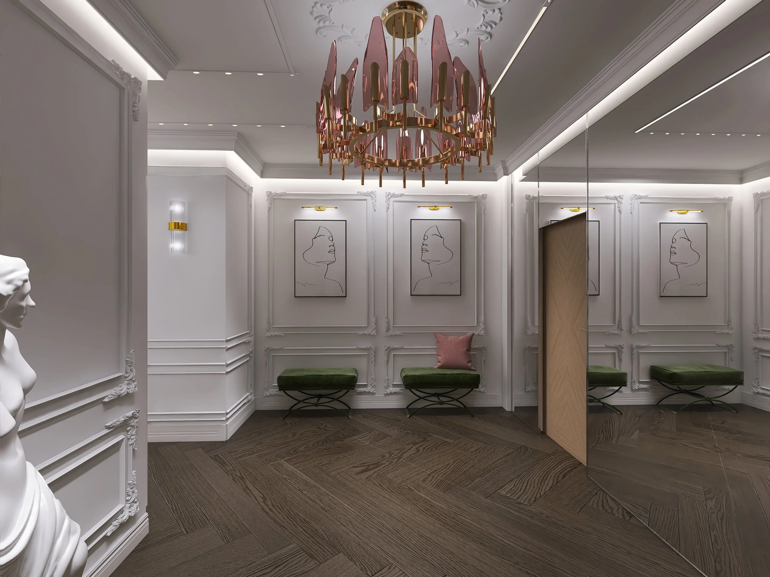 Ein eleganter, moderner Raum mit weißen Wänden, einem großen pinken Kronleuchter, Wandkunst mit minimalistischen Gesichtszeichnungen und Sitzgelegenheiten mit grünen und rosa Kissen.