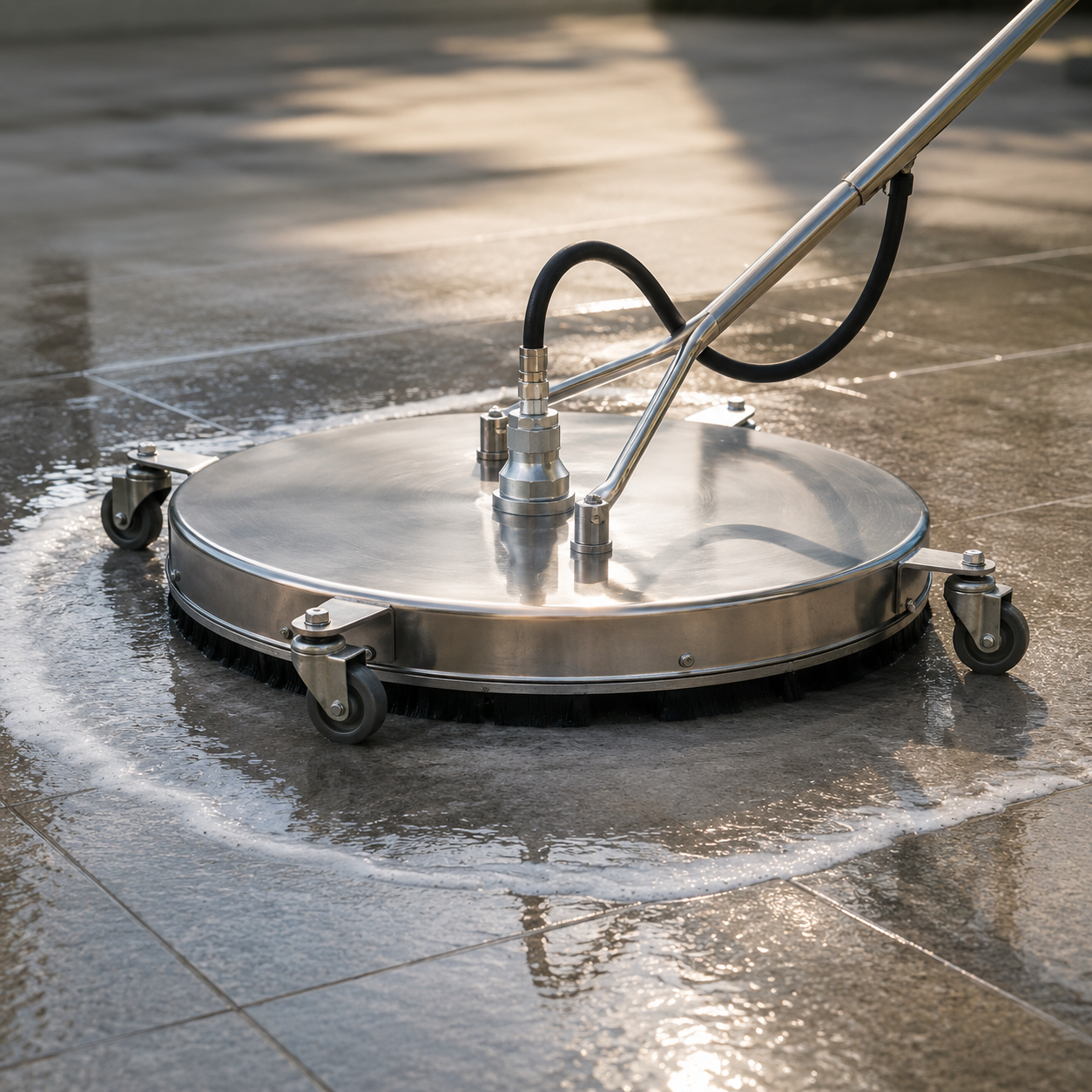 A floor cleaning machine with a round, metallic body and four wheels, cleaning wet floor tiles in an outdoor setting.