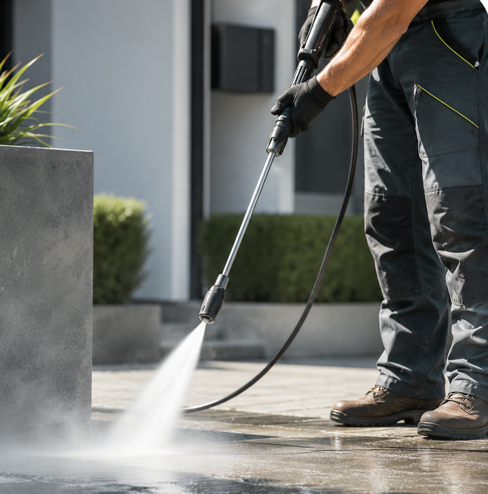 A person in work gloves and pants using a pressure washer to clean a concrete surface outside a modern building.