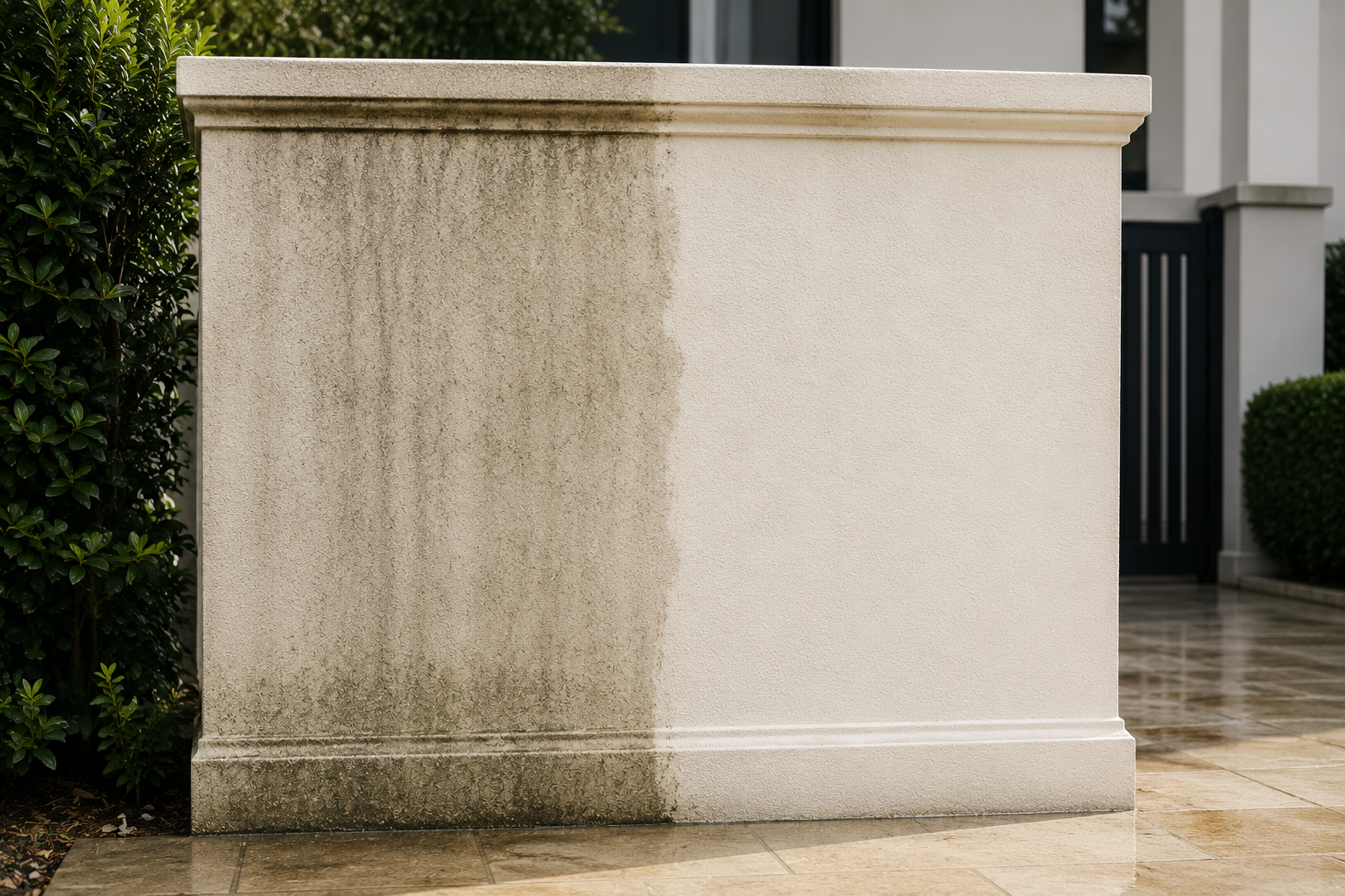 Part of a white exterior wall with a vertical stain, located on a tiled porch next to green shrubs and a black fence.