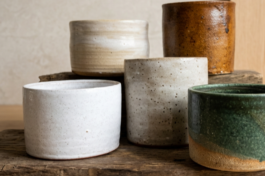 Collection of five handcrafted ceramic pots in neutral and earthy tones on a wooden surface.