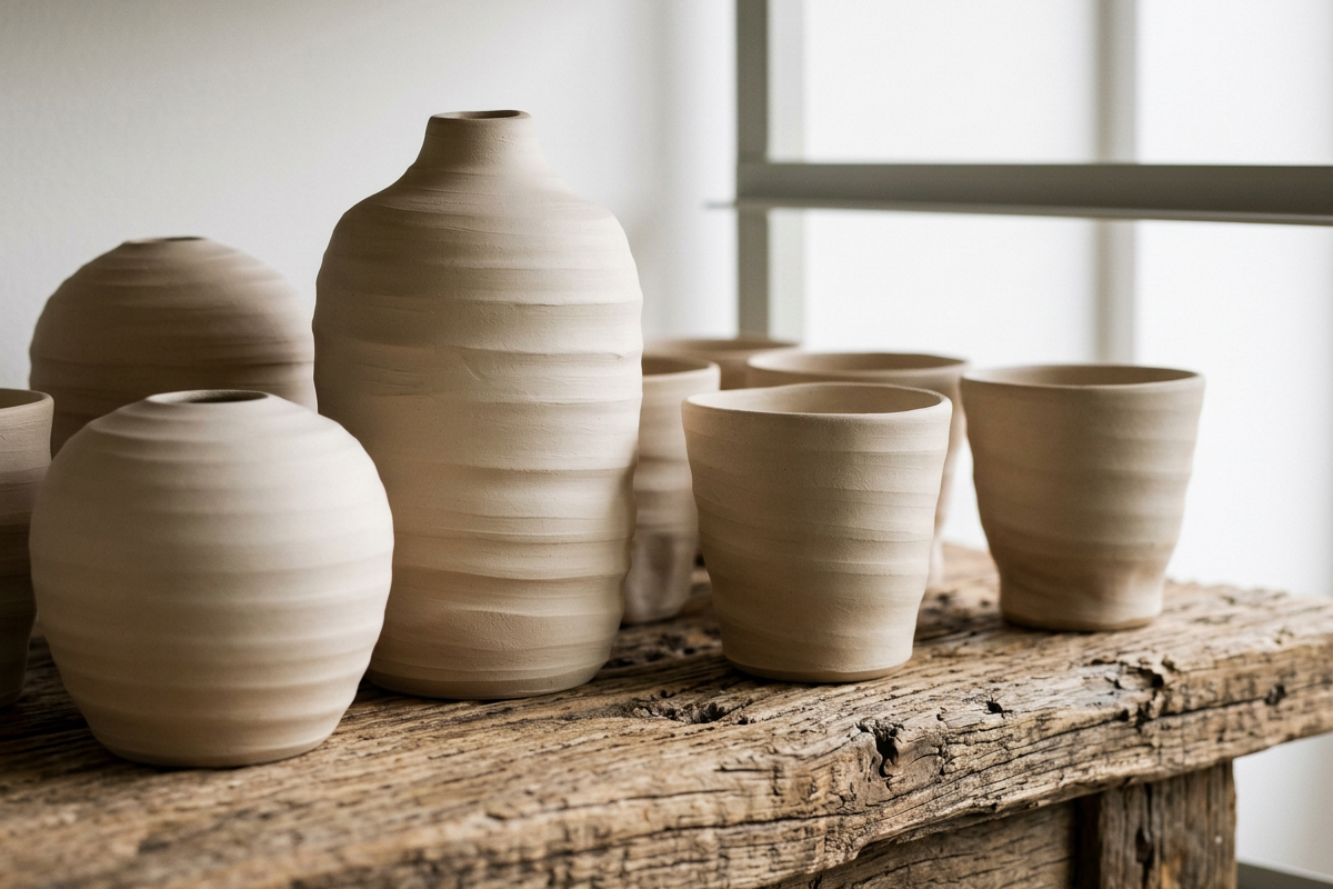 Several unfinished beige clay vases and cups on a rustic wooden shelf near a window.