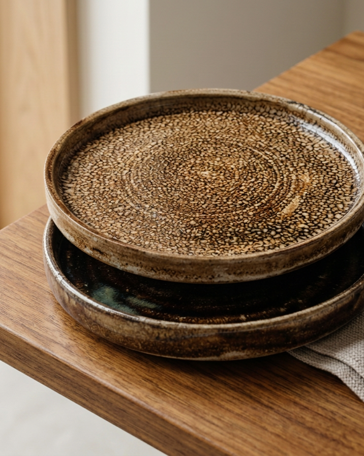 Two stacked ceramic bowls with textured surfaces, placed on a wooden table.