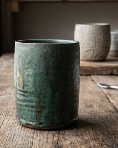 A green ceramic cup on a wooden table with two beige ceramic cups in the background.