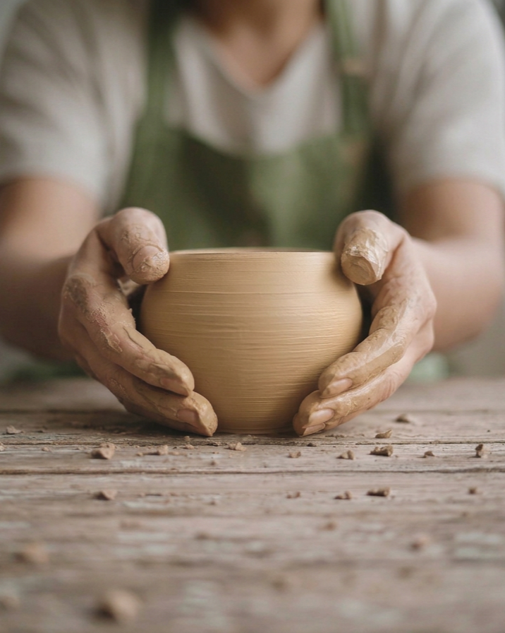 A person shaping a clay pot on a wooden work surface, with their hands covered in clay.