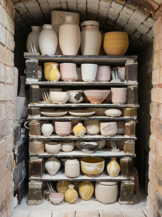 Shelves with various unglazed ceramic pottery and bowls, stored in a brick oven or kiln.
