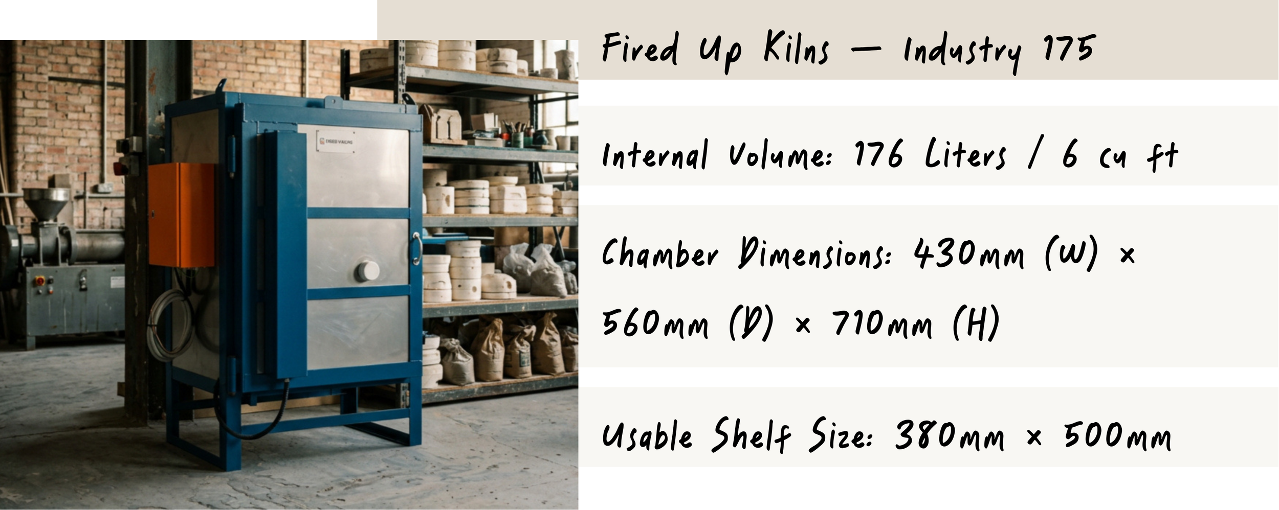 Industrial kiln machine in a warehouse, with shelves holding pottery and other materials visible in the background.