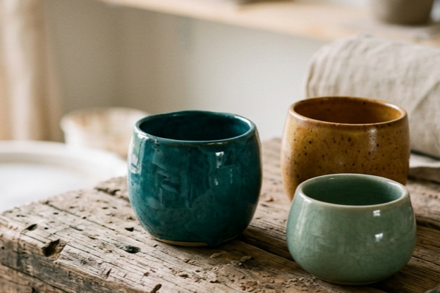 Three glazed ceramic plant pots of different sizes and colors on a rustic wooden surface, with a blurred background.