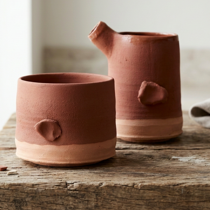 Two unfinished terracotta ceramic pieces on a rustic wooden surface, one with a small knob and the other with a spout, in a well-lit setting.