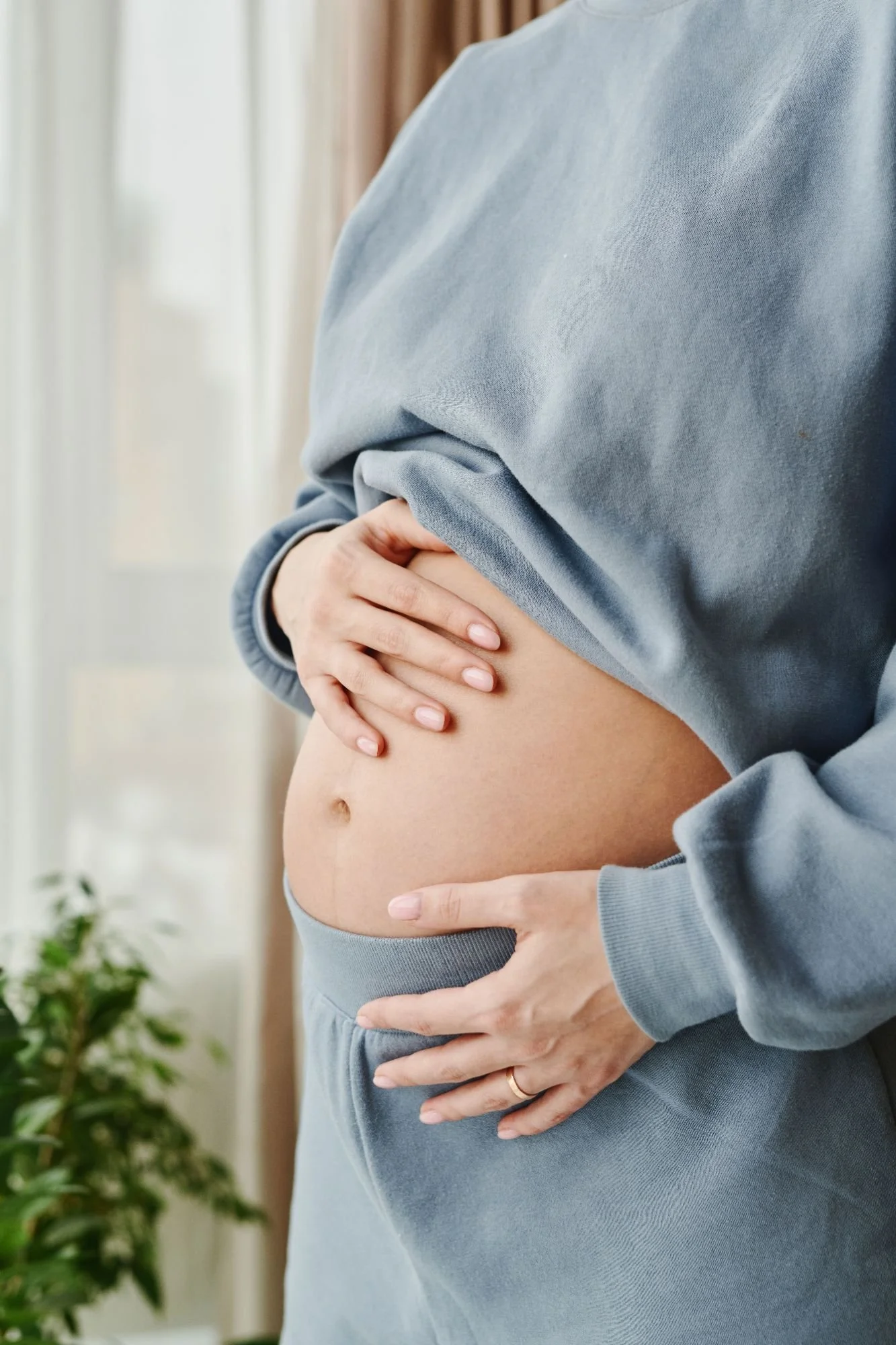 Person in a grey sweatshirt touching their pregnant belly indoors with a plant in the background.