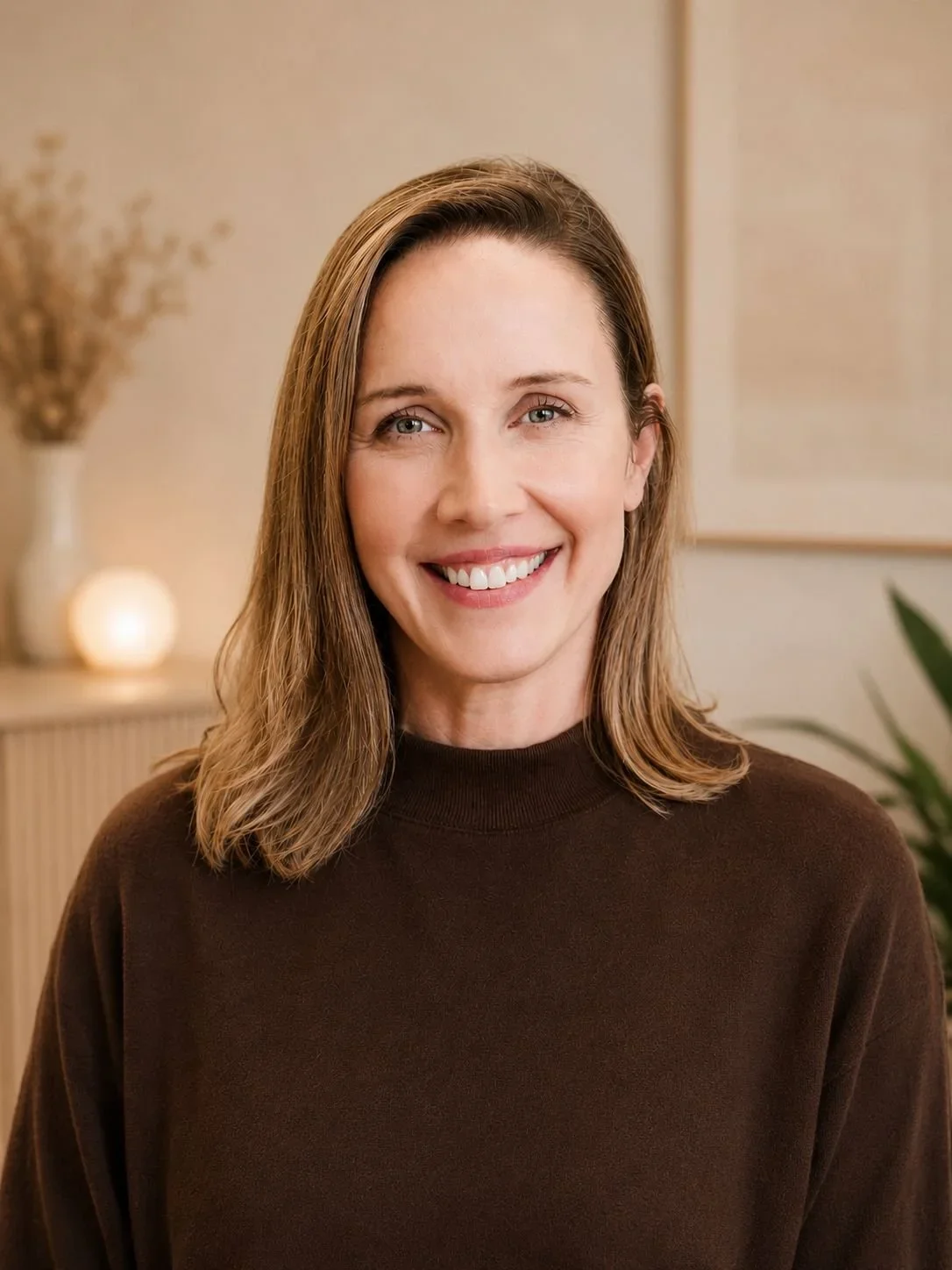 A woman with shoulder-length light brown hair smiling in a warmly lit indoor setting.