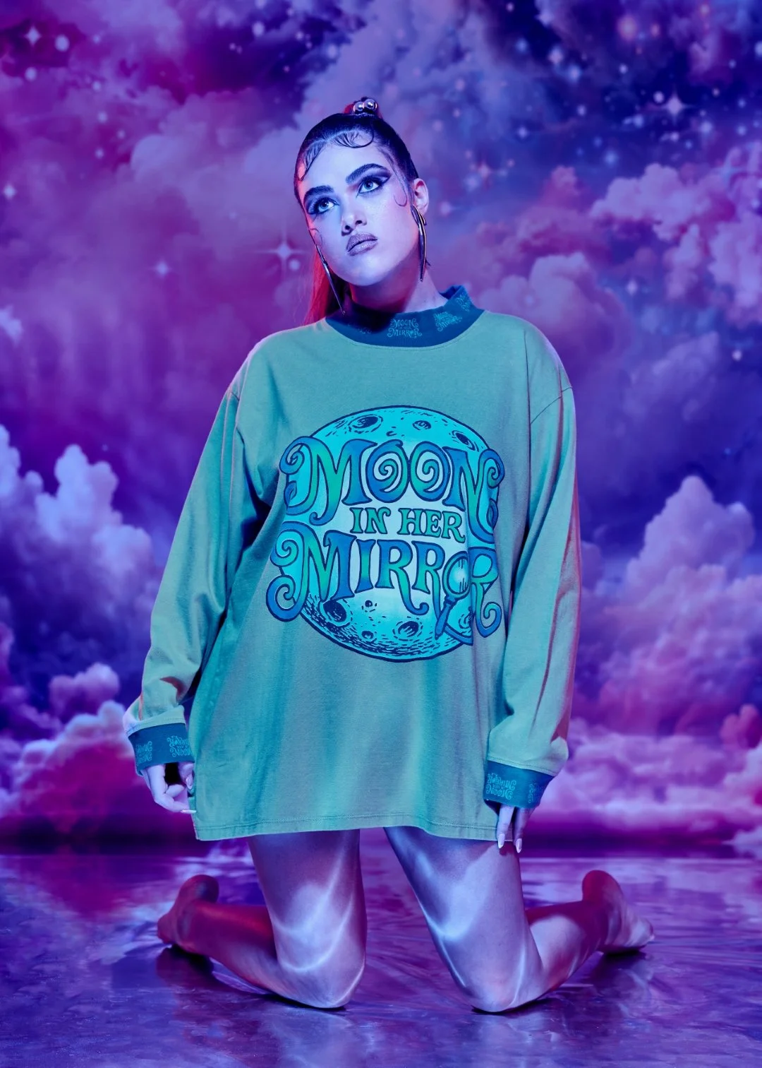Moon In Her Mirror Blue Moon Logo Oversized Long Sleeve Tee