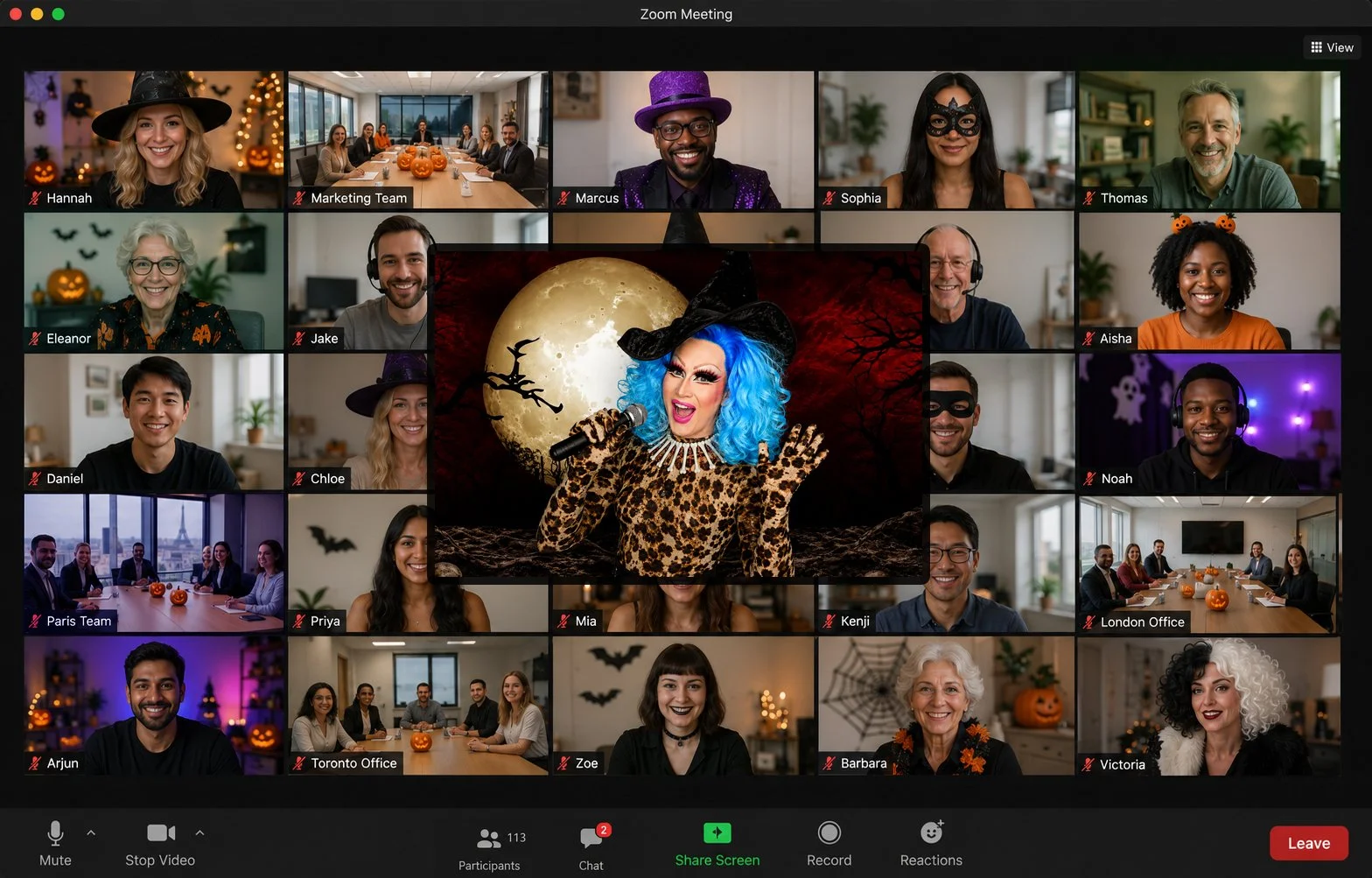Remote and hybrid teams enjoying a live Virtual Halloween Bingo for Work hosted by Charlie Hides on Zoom.