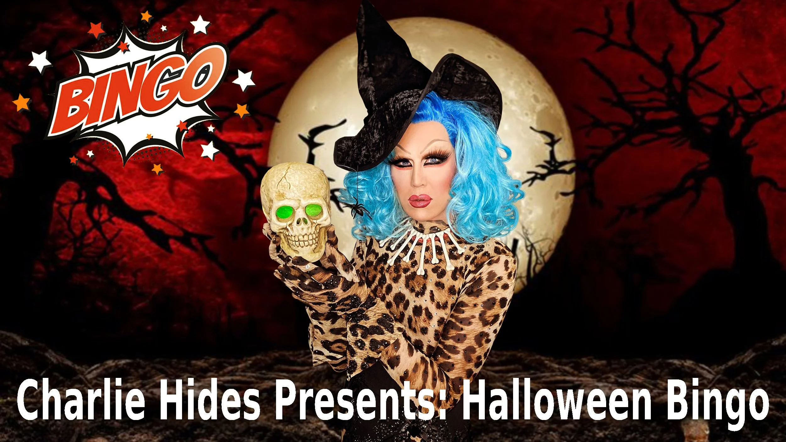 Charlie Hides presenting Virtual Halloween Bingo for Work in front of a spooky Halloween background.