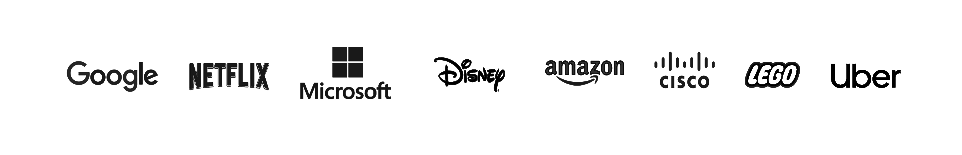Logos of Google, Netflix, Microsoft, Disney, Amazon, Cisco, LEGO, and Uber.