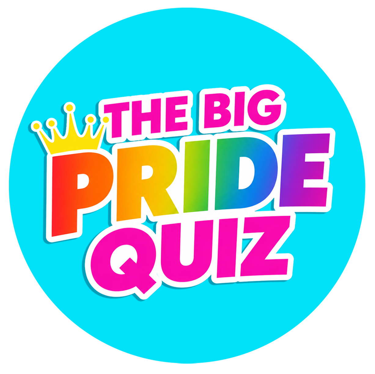 Colorful logo for 'The Big Pride Quiz' featuring rainbow-colored text, a yellow crown on the word 'Pride,' and a bright blue background.