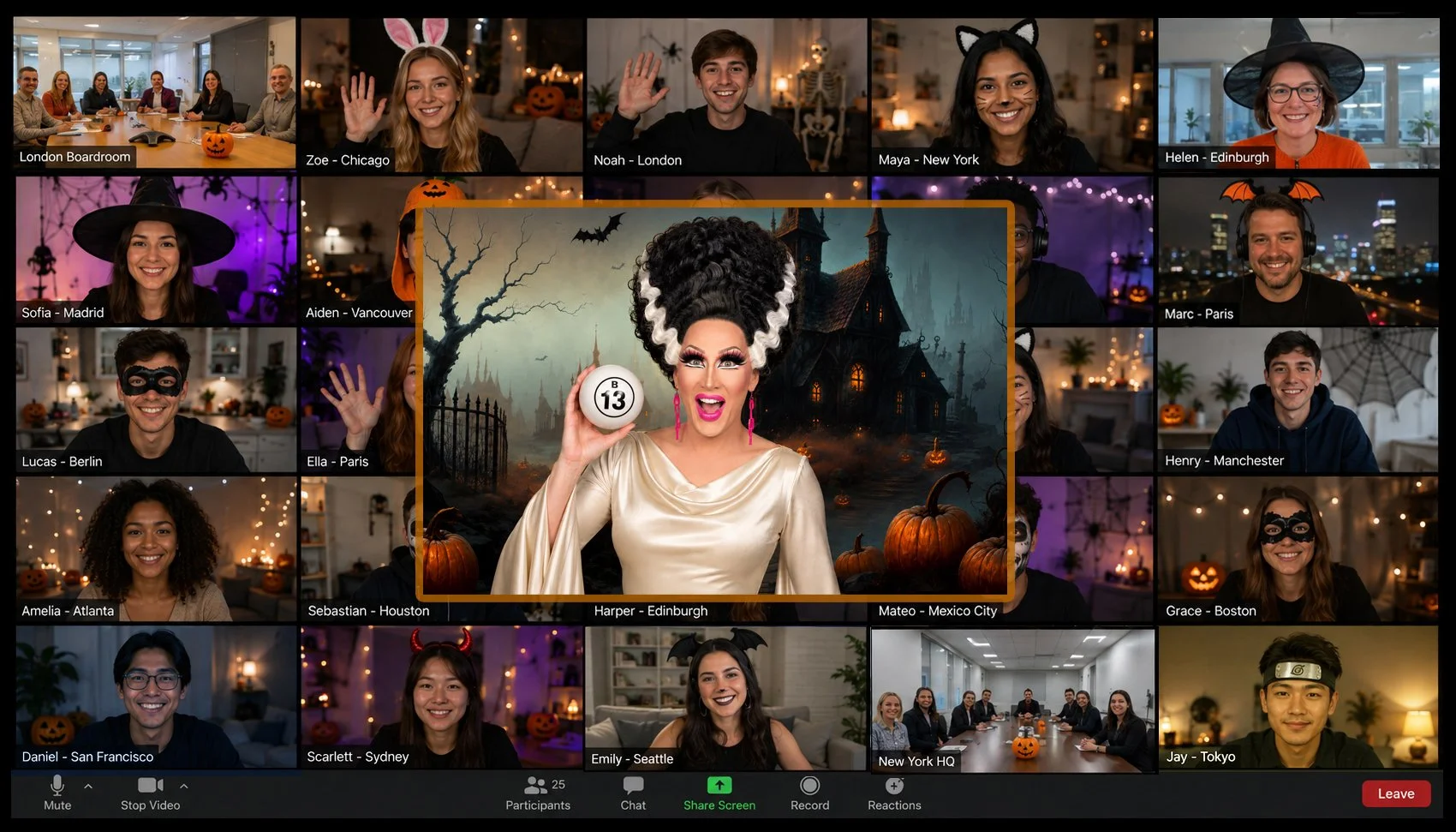 Remote employees taking part in a live Virtual Halloween Bingo for Work hosted by Charlie Hides on Zoom.