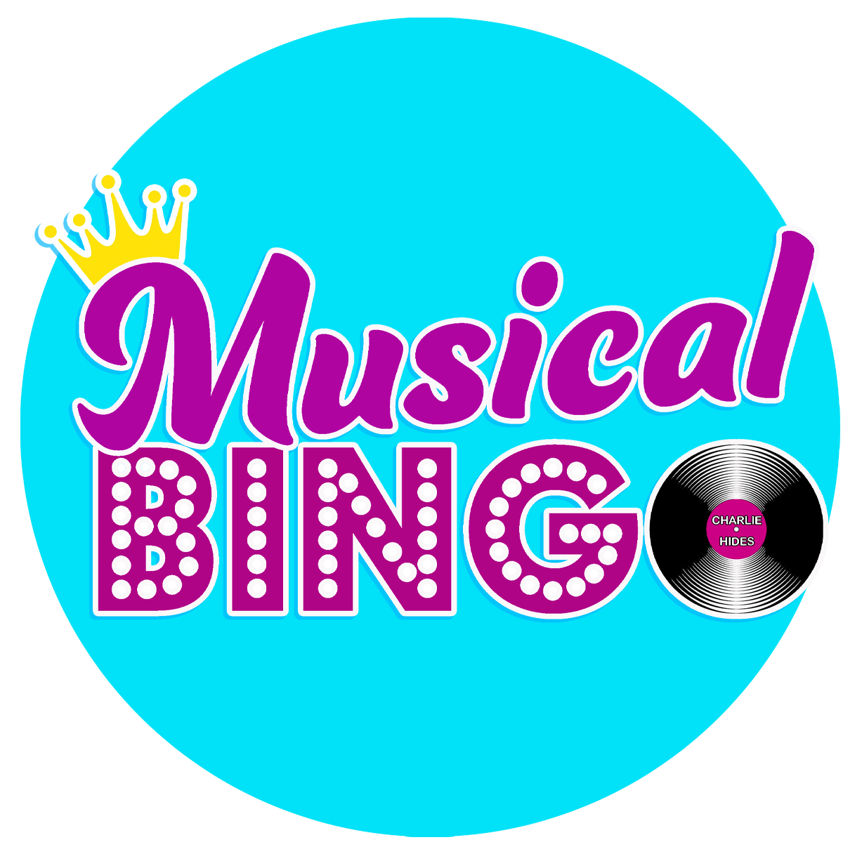 Colorful logo for 'Musical BINGO' featuring purple and white text, a yellow crown, a black vinyl record with pink label reading 'Charlie Hides', all on a bright blue background.