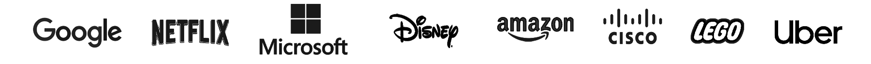 Logos of various companies including Google, Netflix, Microsoft, Disney, Amazon, Cisco, LEGO, and Uber.