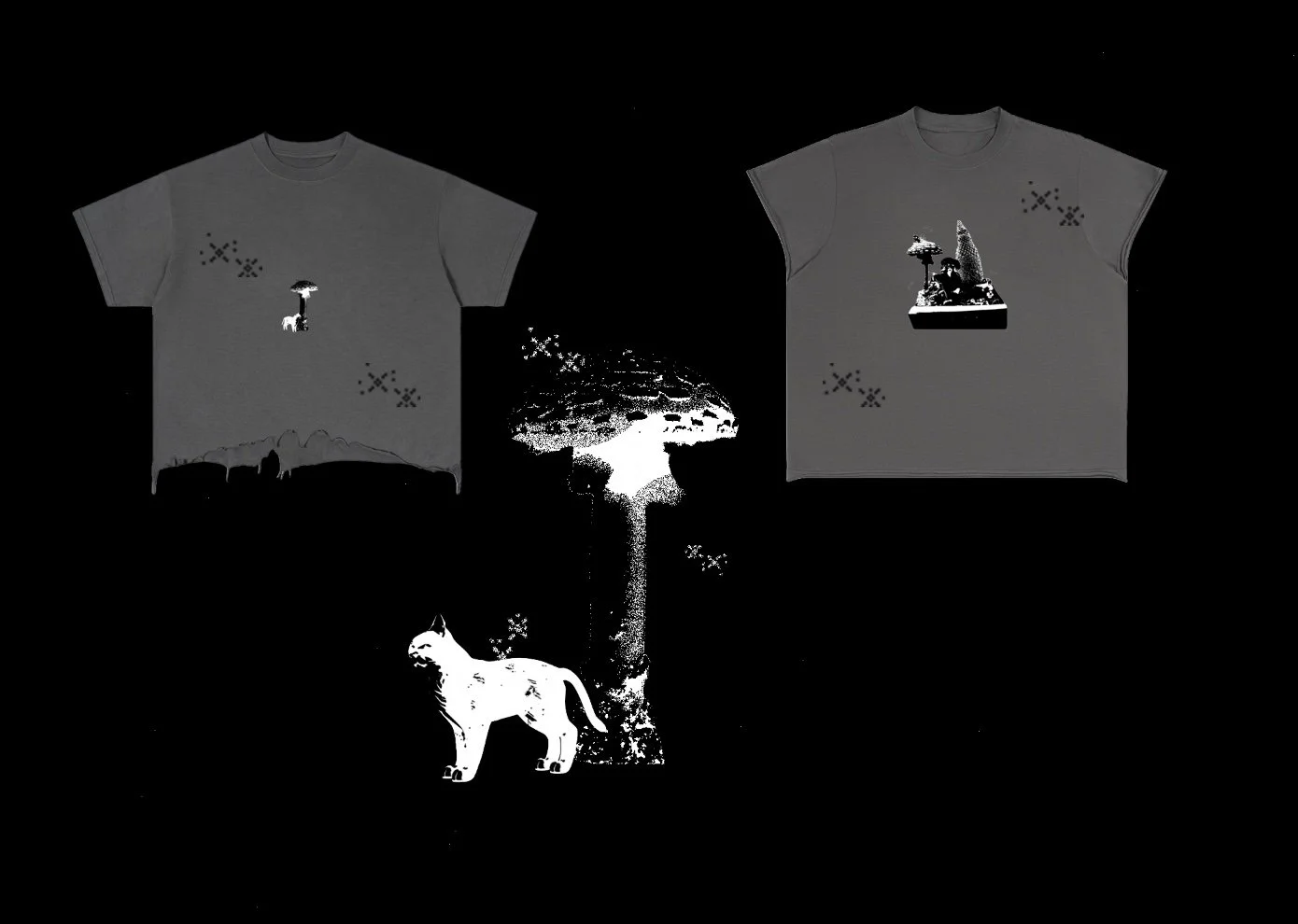 Black and white image with two gray T-shirts featuring nature-themed designs, a black and white cat standing next to a mushroom, and various small decorative elements.