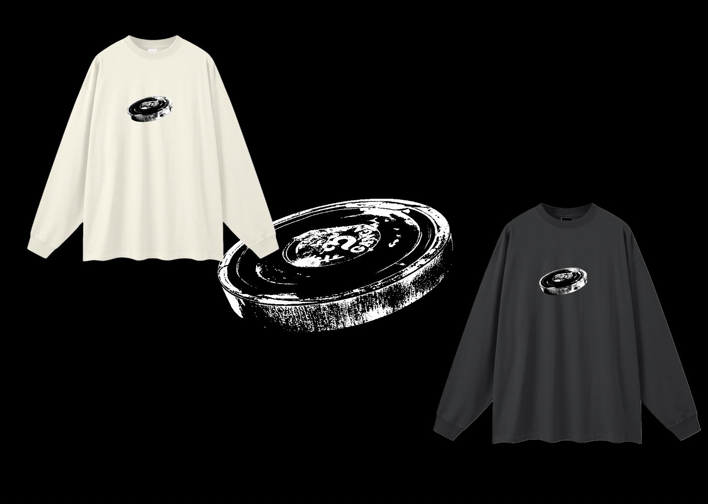 Two oversized sweatshirts, one cream and one dark grey, each with a small graphic of a souvenir on the front, are displayed against a black background with a large, stylised graphic in the centre.