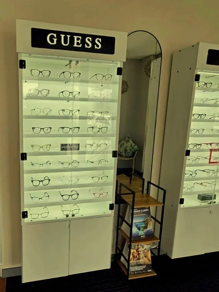Guess frame display at The Village Optometrist, Hermanus