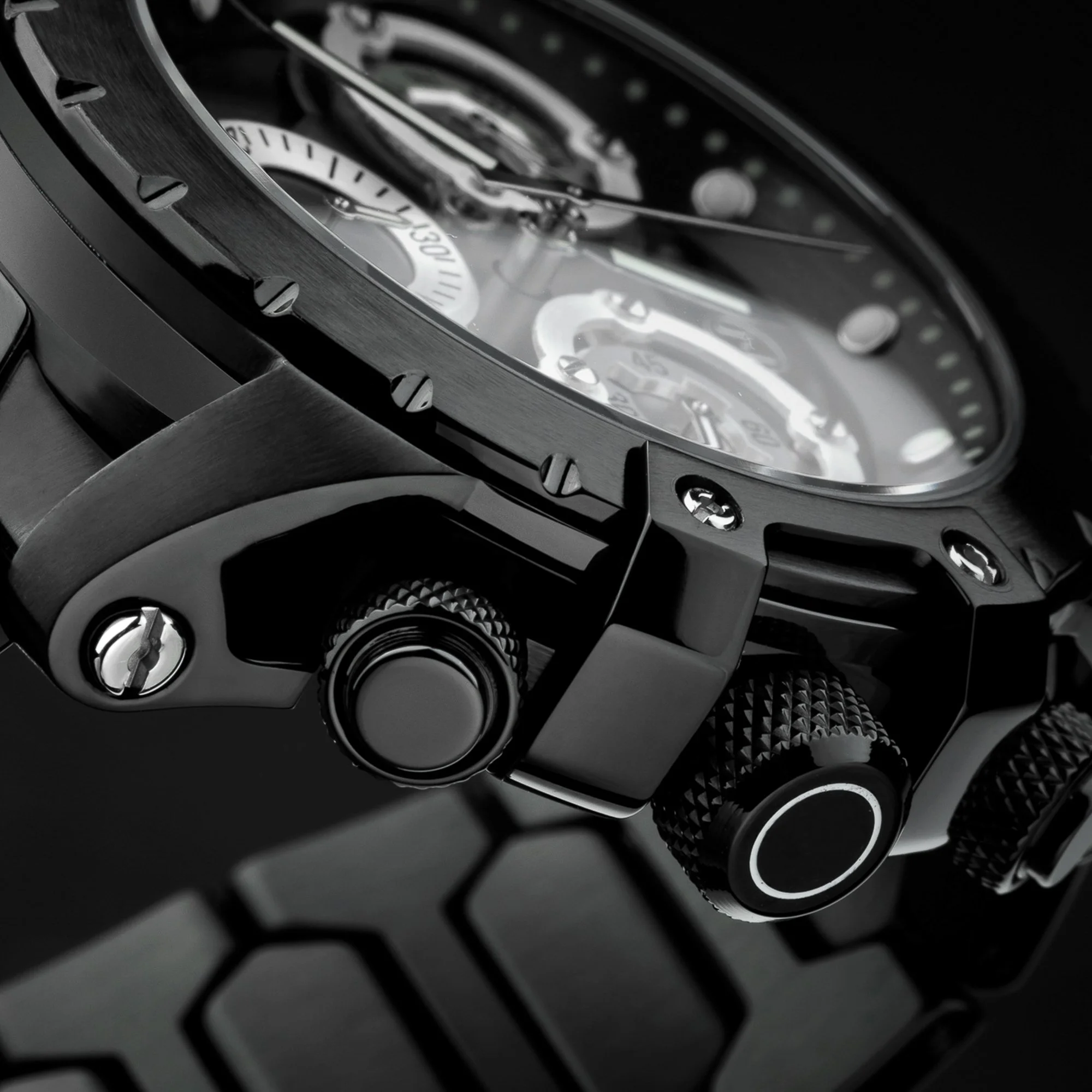 Close-up of a luxury watch showcasing its detailed mechanical internal components with metallic and black elements.