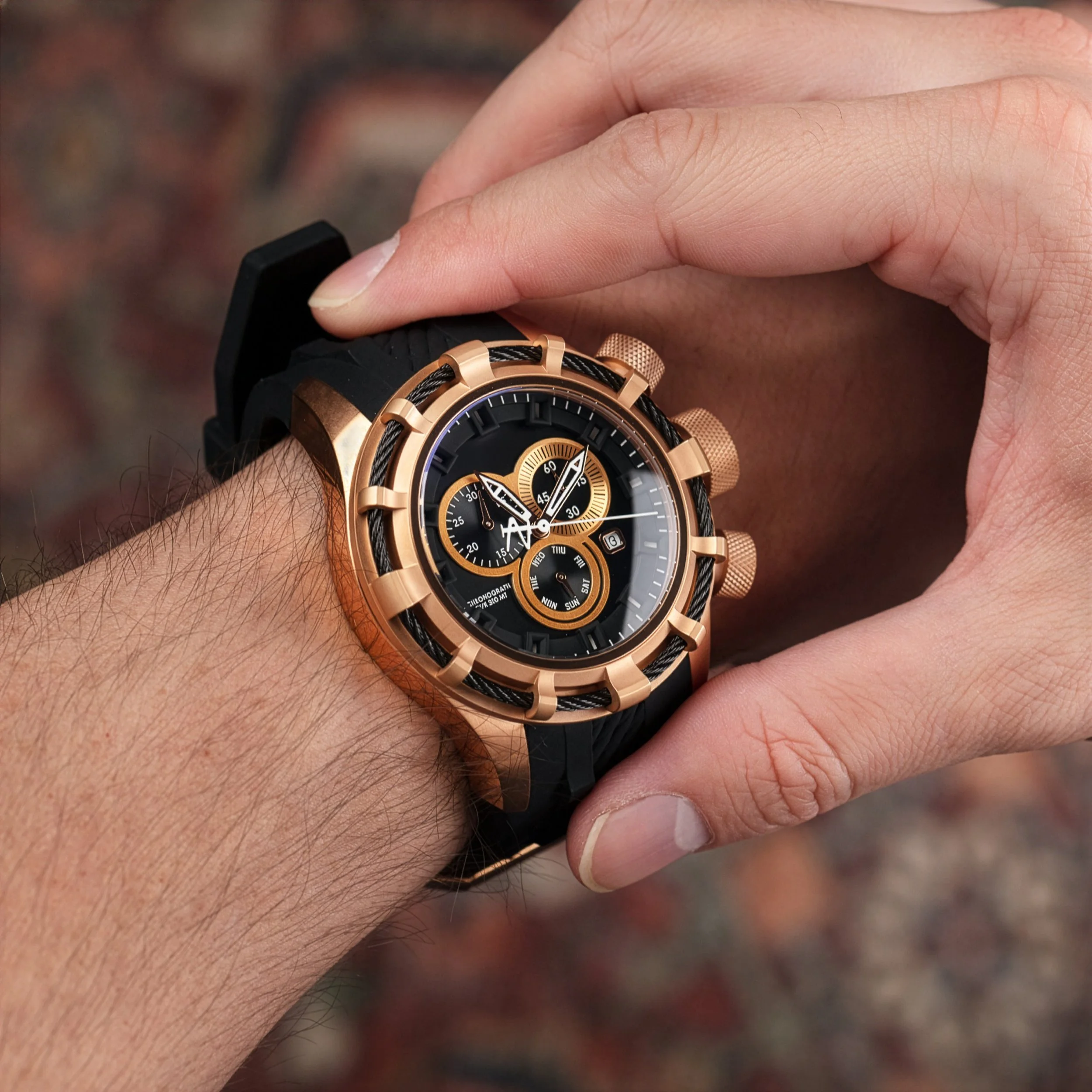 A person's arm wearing a large, gold and black wristwatch with multiple dials, buttons, and a black band, with the person touching the watch with their thumb and index finger, in front of a blurred background.
