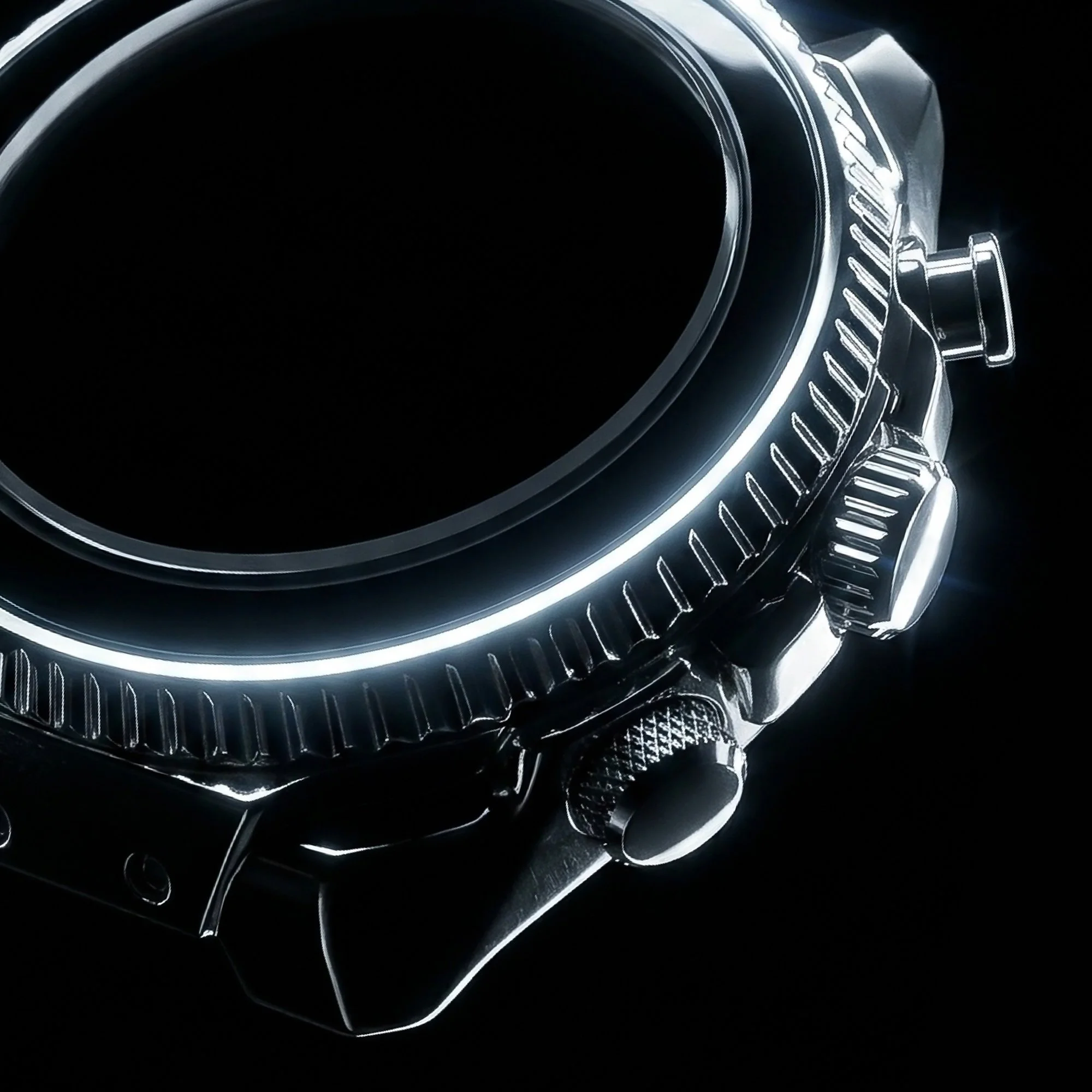 Close-up image of a modern, sleek black dashboard or electronic device with metallic accents and illuminated rings.