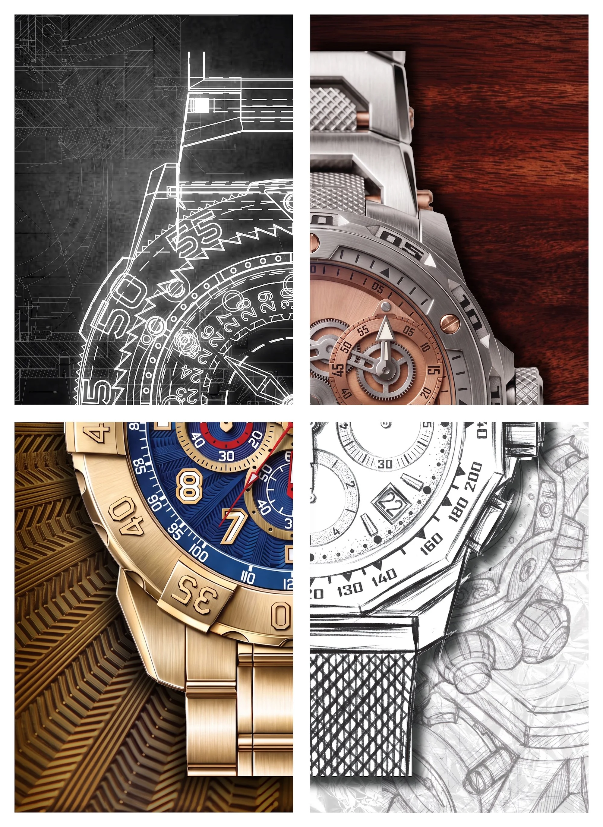 A side-by-side comparison of a digital watch, with the left showing the blueprint sketch and the right showing the finished, detailed watch with a rose gold and silver design, metal band, and wooden surface background.