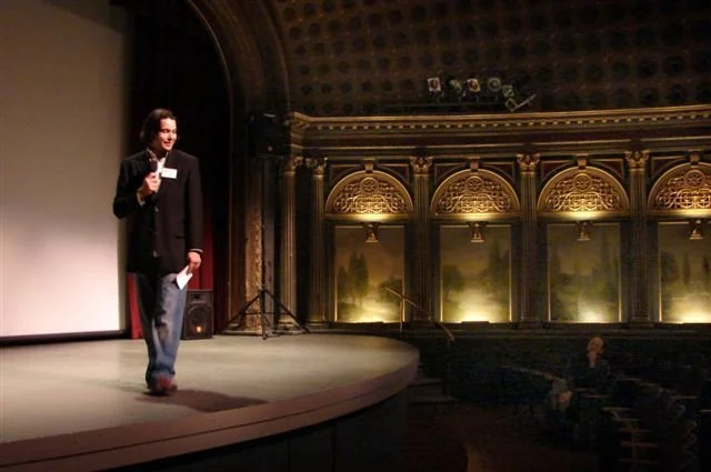 Seth Randal speaking at Spokane's historic Bing Crosby Theater during the Spokane International Film Festival.