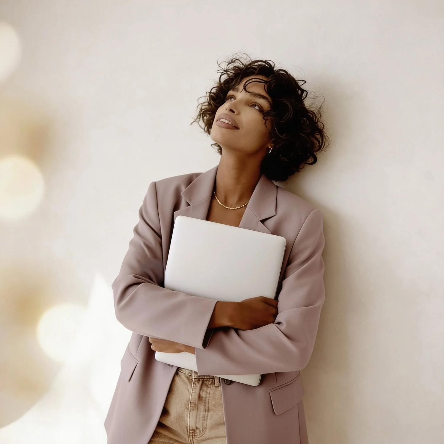 A woman with curly dark hair, wearing a taupe blazer and beige top, holding a closed silver laptop, leaning against a plain light-colored wall, looking up and smiling softly.