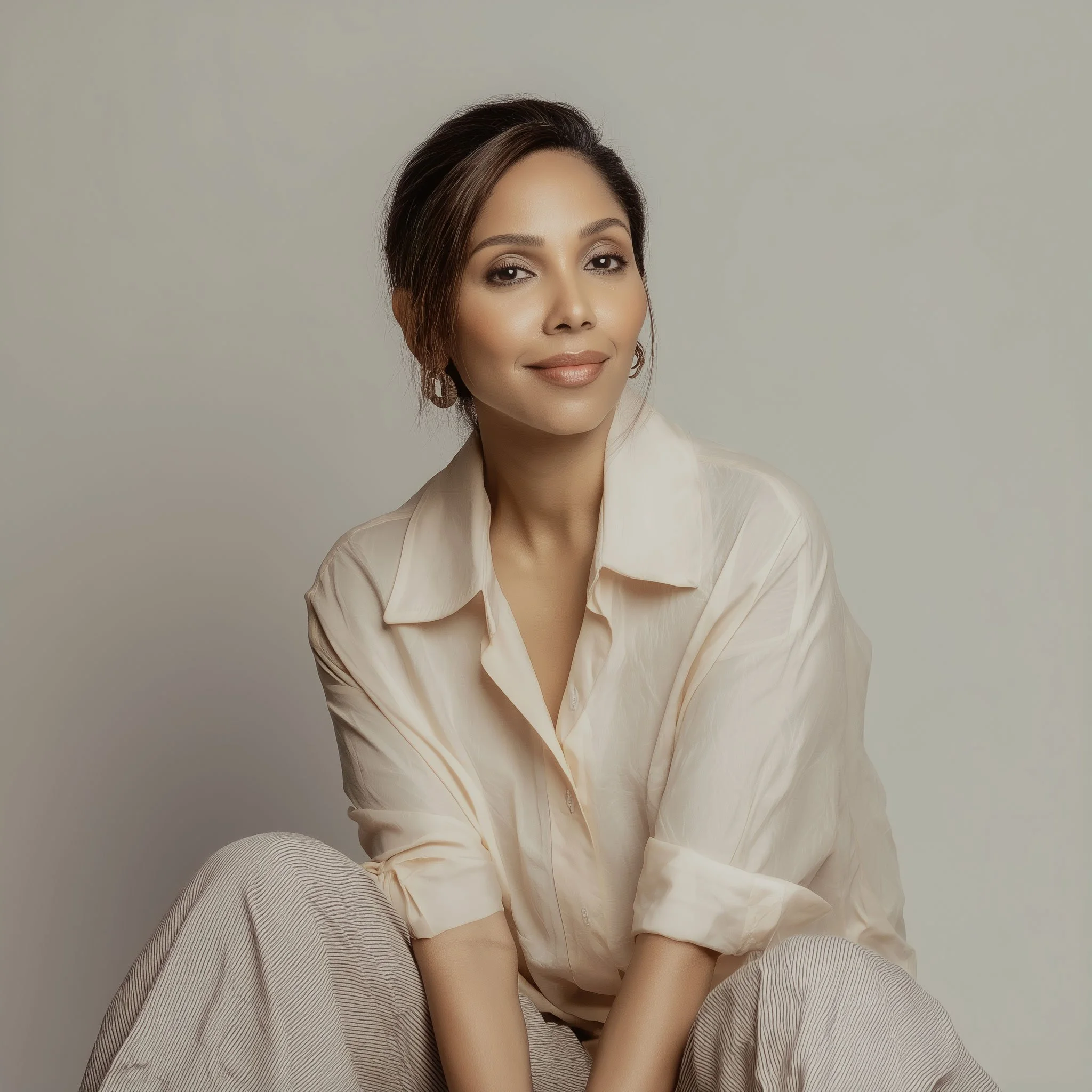 A young woman with shoulder-length brown hair looking at the camera, wearing a beige blazer and a white top, against a neutral background.