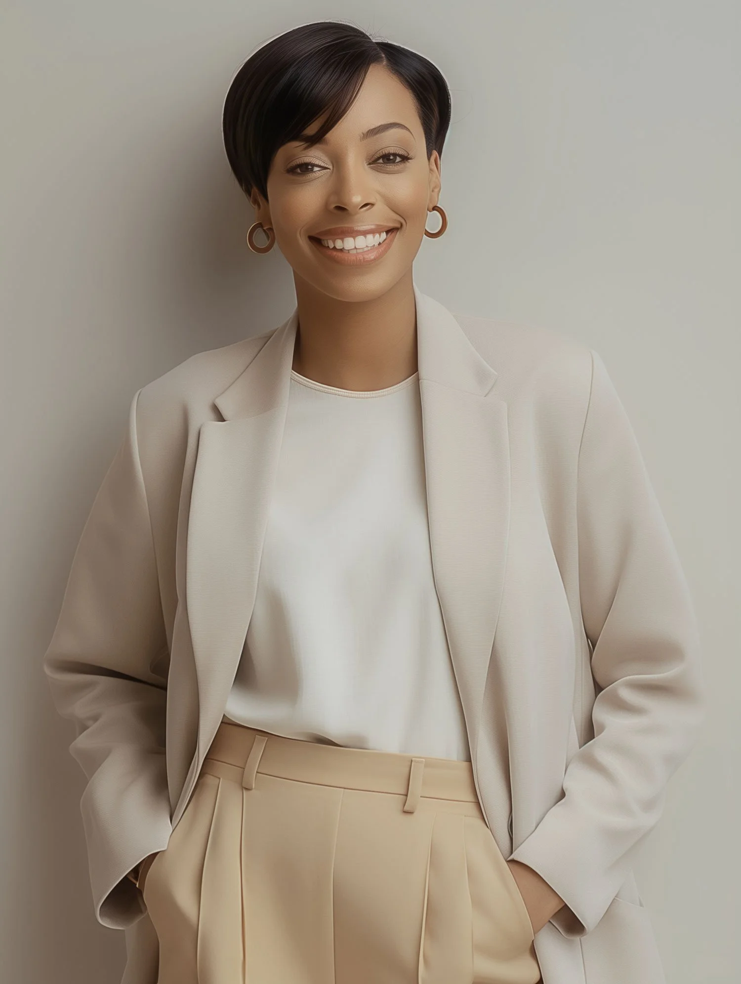 A woman with short dark hair wearing a cream blazer, matching pants, and hoop earrings, standing against a plain wall and smiling.