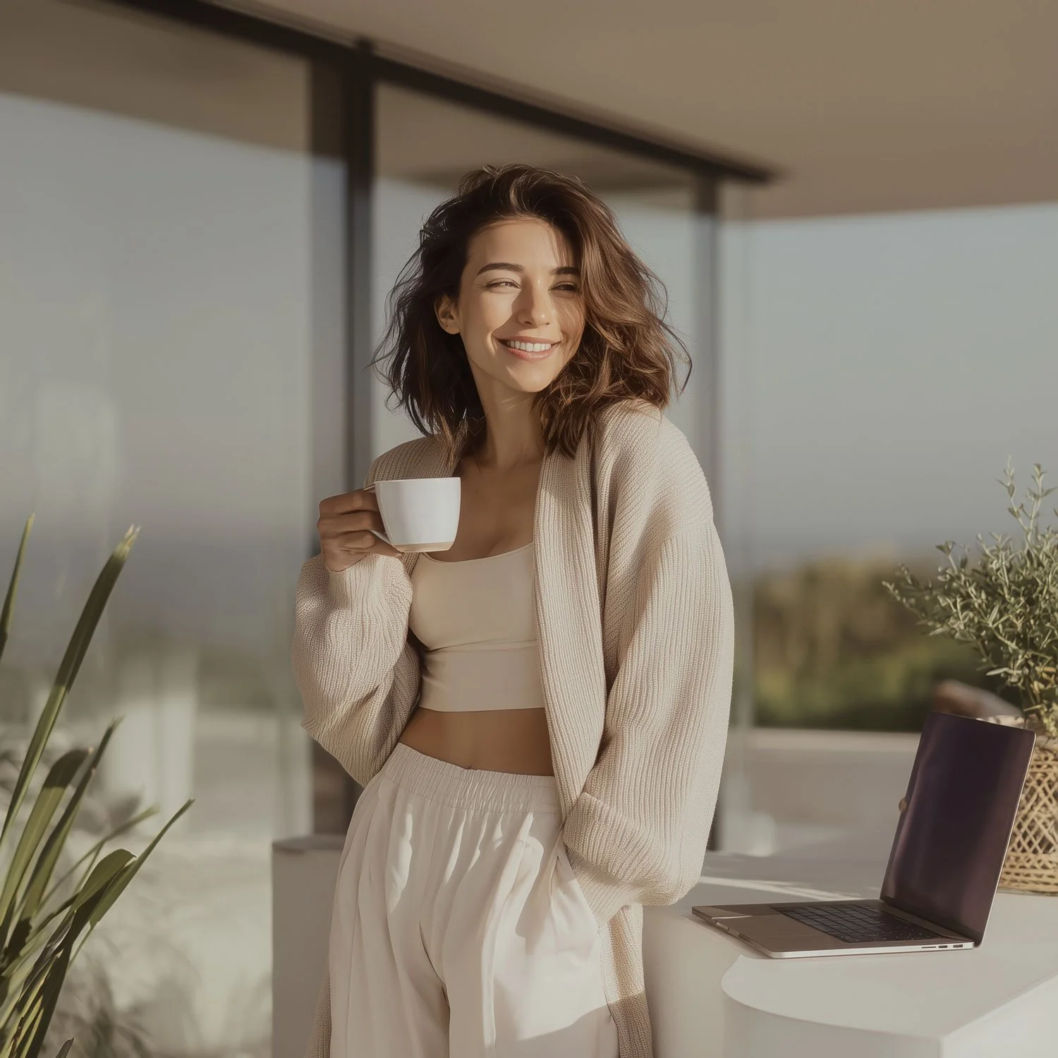 A woman with shoulder-length brown hair smiling while holding a white coffee cup, standing near a table with a laptop in a bright modern space.