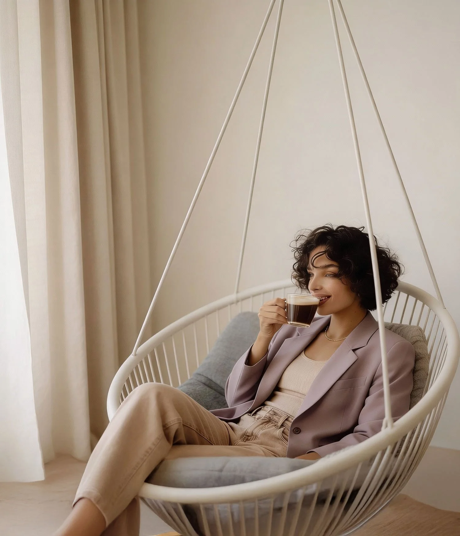 A woman with short curly dark hair, wearing a beige shirt, a mauve blazer, and beige pants, is sitting in a white hanging basket chair, smiling and holding a glass of dark liquid, in a bright room with beige curtains.