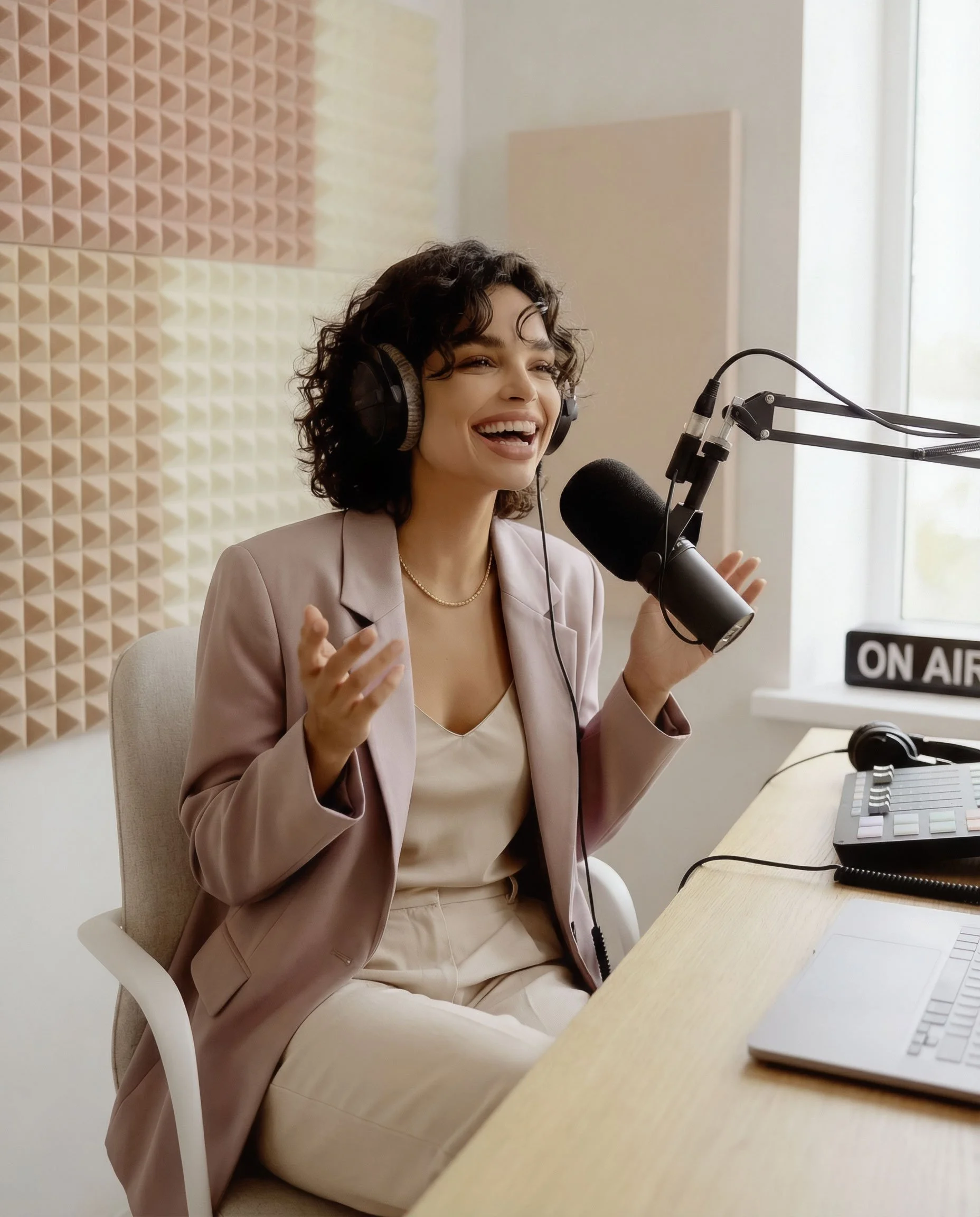 A woman wearing headphones sitting at a desk with a microphone, a keyboard, and an audio control pad, speaking or recording in a studio.