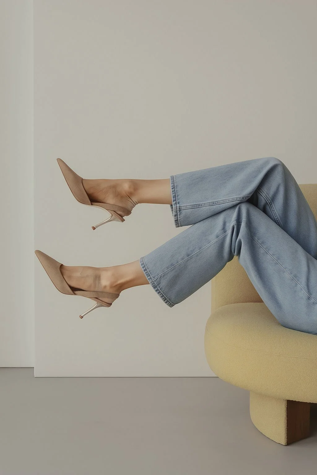 Person wearing beige high heels and light blue jeans, sitting on a yellow chair with legs extended and pointing upwards against a plain beige background.