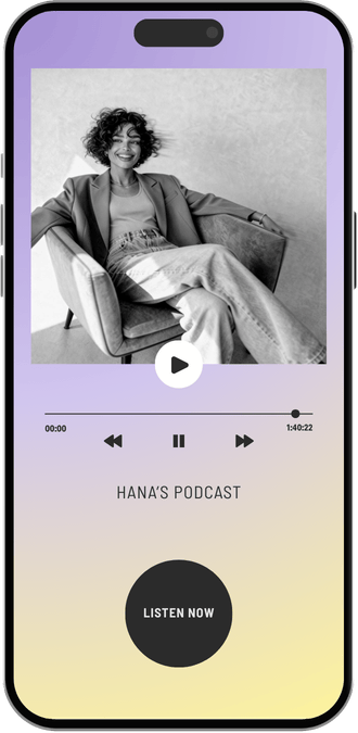 A woman with curly hair smiling while sitting on a chair, with a podcast player interface on a smartphone screen.