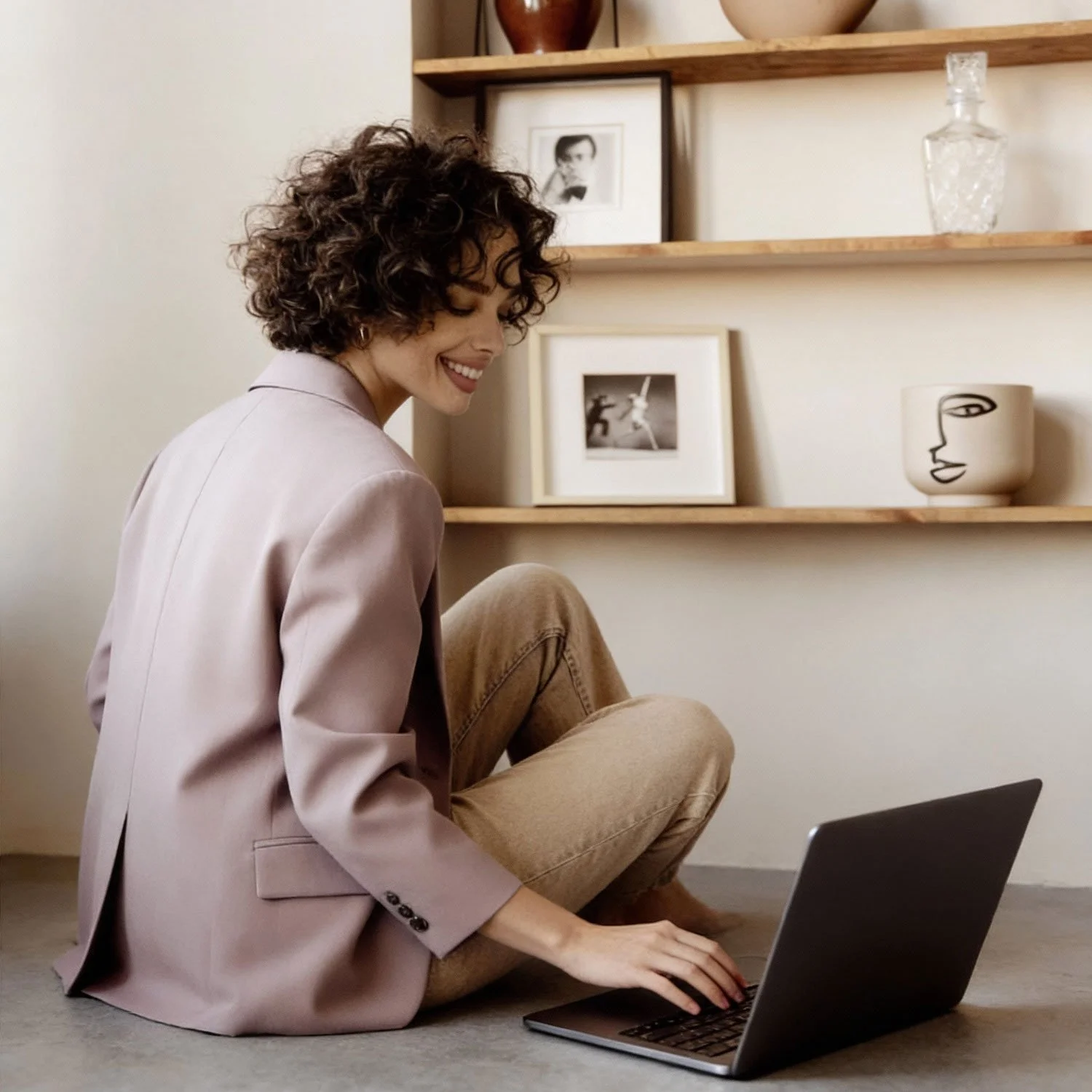 A woman sitting on the floor with her legs crossed, smiling and working on a laptop. She is wearing a light pink blazer and tan pants, with a neutral-colored wall behind her. There are framed pictures, a shelf with vases, and a decorative face bowl on the wall.
