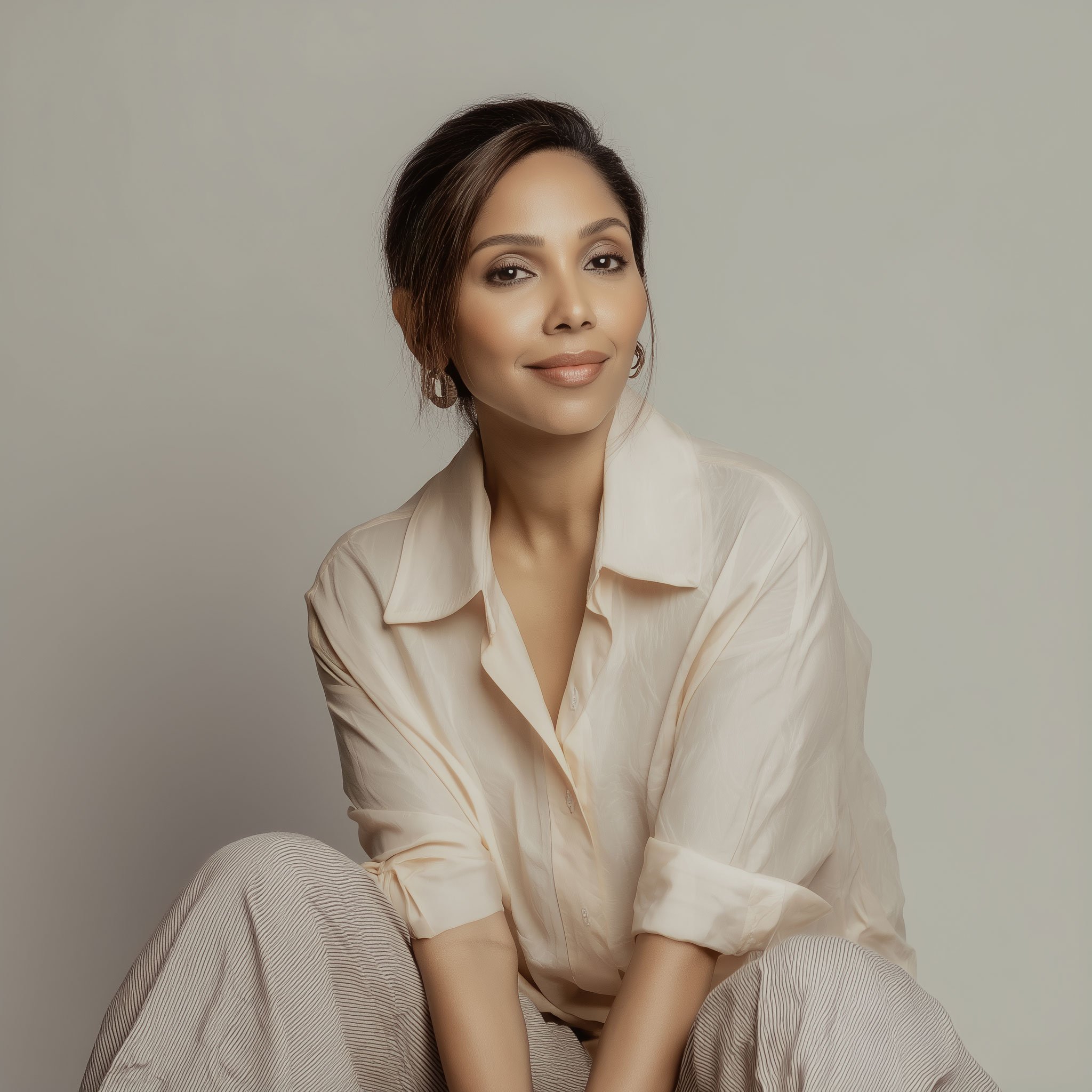 A young woman with shoulder-length brown hair looking at the camera, wearing a beige blazer and a white top, against a neutral background.