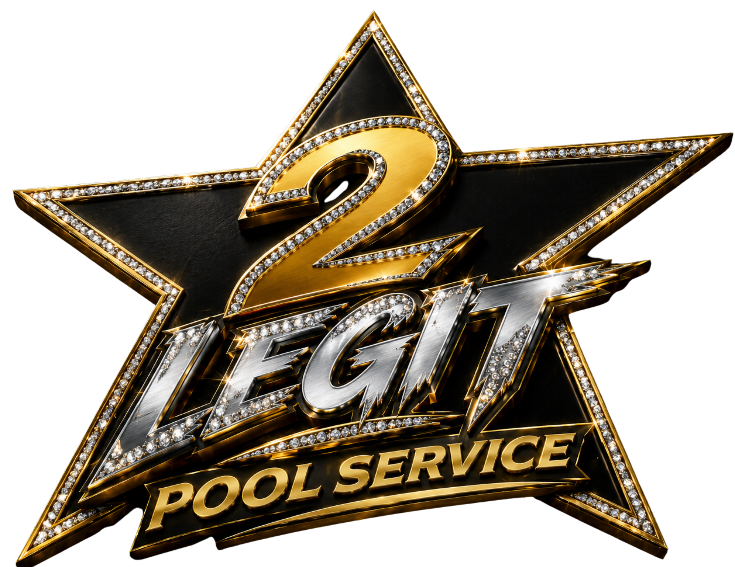 A decorative sign with a gold star outline encrusted with small diamonds, featuring a black background, and gold and silver text reading "Pool Service."