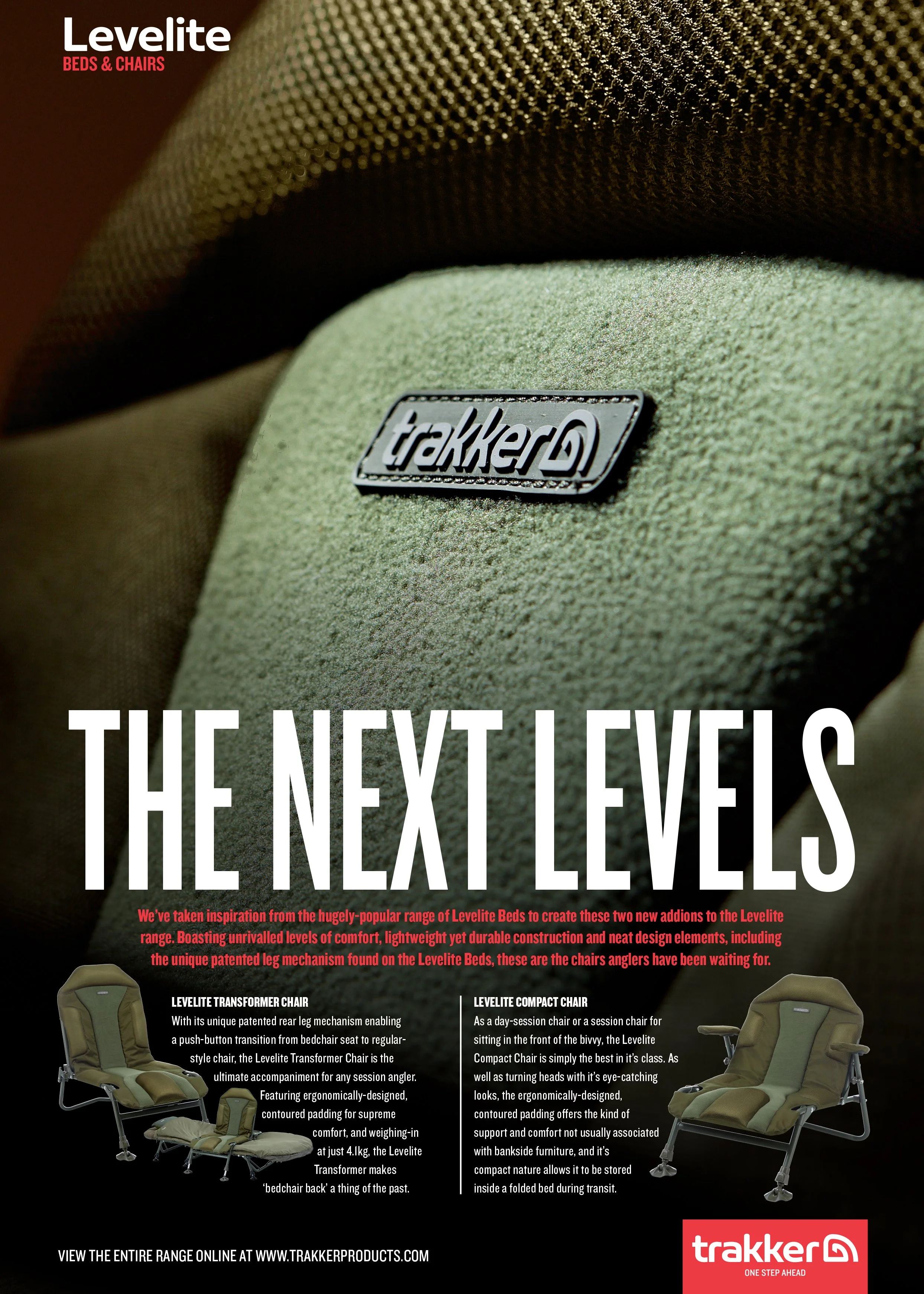 Close-up of a poster or magazine page displaying two types of Levetile chairs, the Transformer Chair and the Compact Chair, with detailed descriptions of their features. The top corner has the Levetile Beds & Chairs logo, and the bottom corner features the Trakker logo.